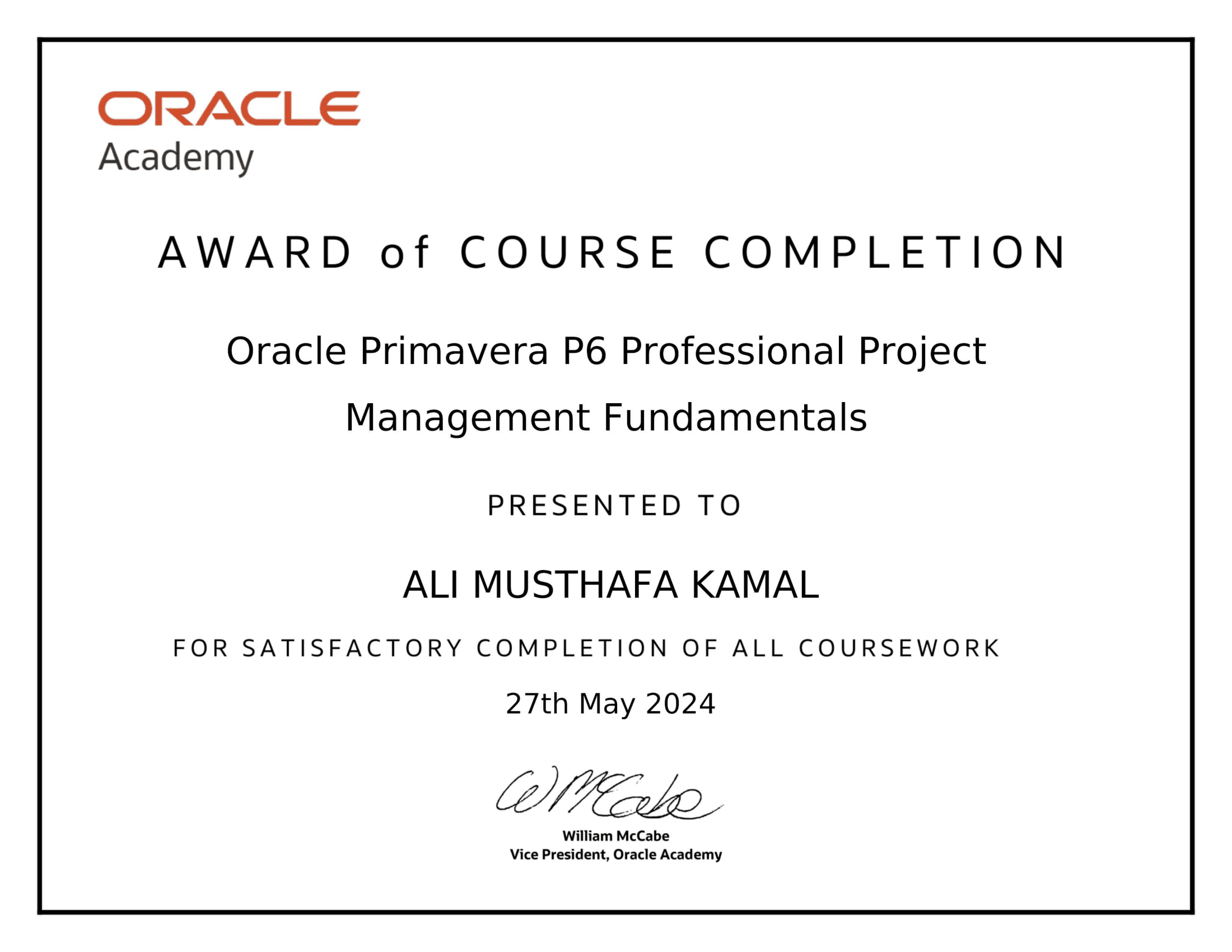 Oracle Academy certificate